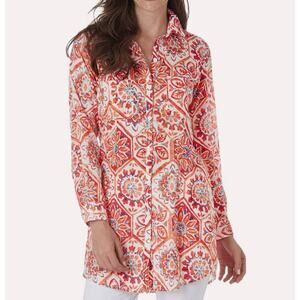 Jude Connally Callie Tunic Top Size S Orange Floral Long Sleeve Button Up Artsy